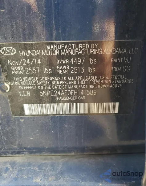 2015 Hyundai Sonata Se from USA, damaged, VIN 5NPE24AF0FH141589